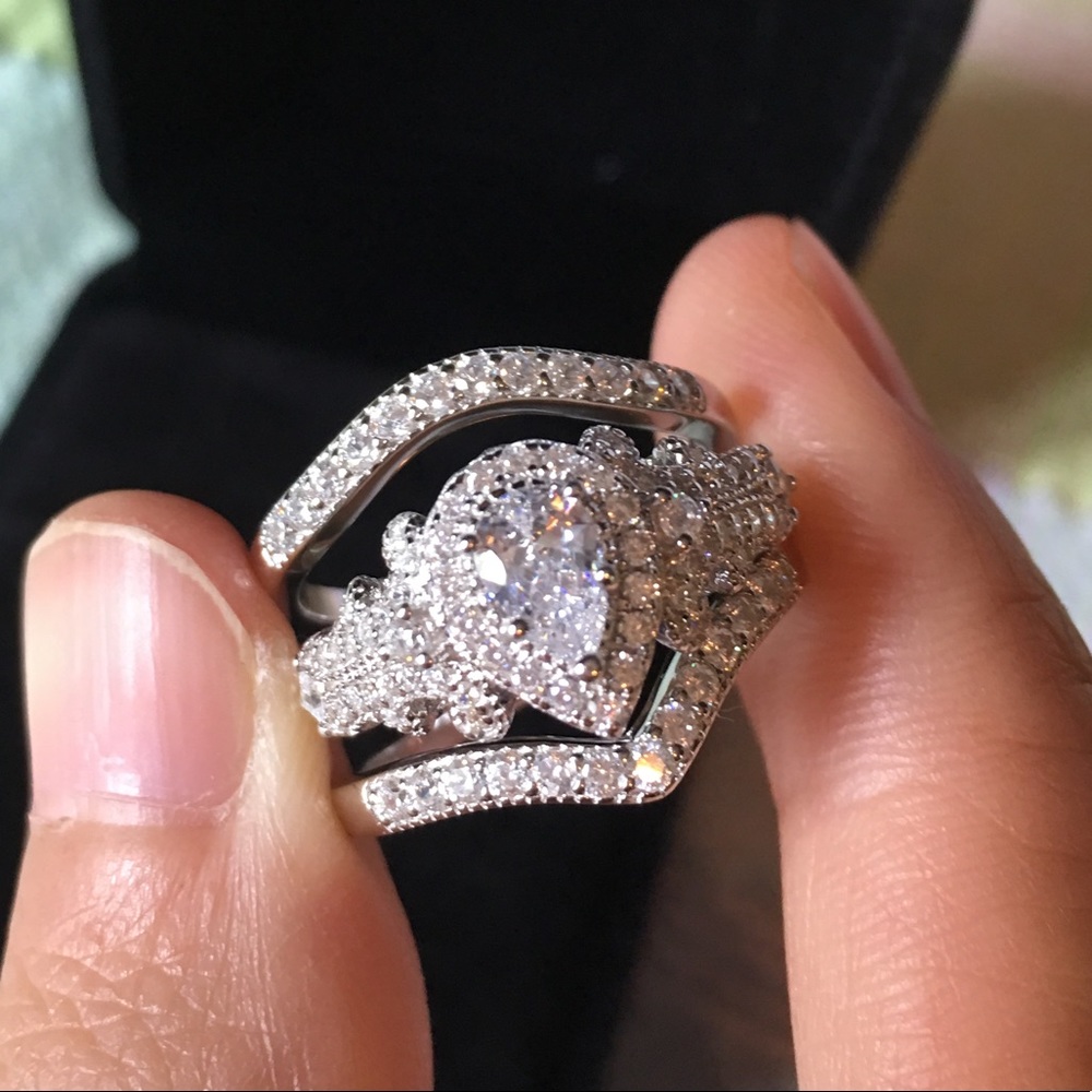3pcs 925 Silver Engagement Ring Wedding Bands Set